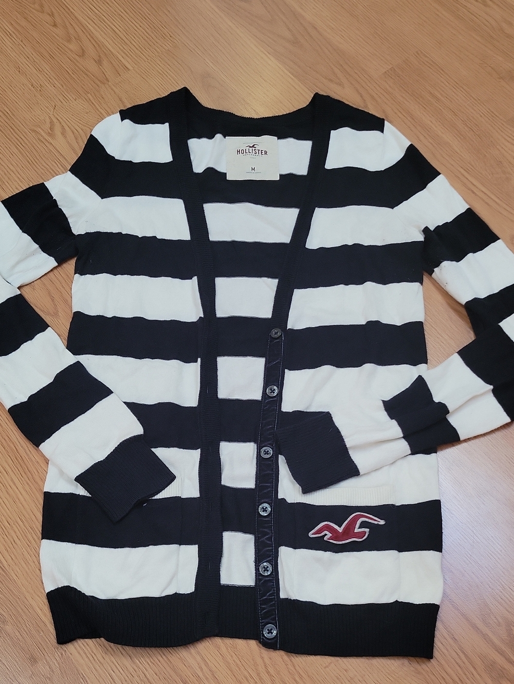 2000s Hollister Navy and White Striped Button-Front Cardigan